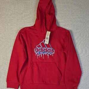 Adidas Red Hoodie with Dripping Blue Logo